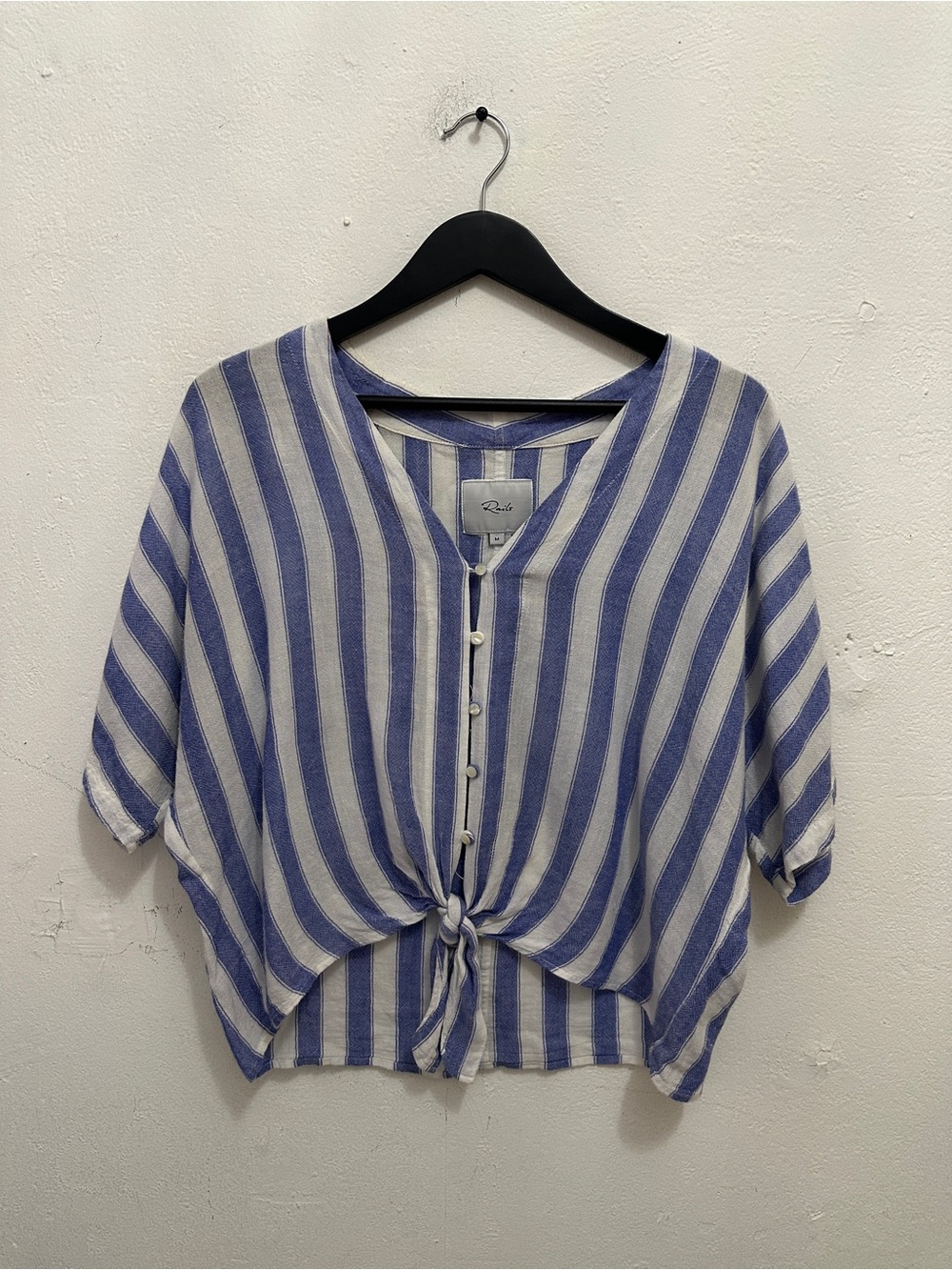 Rails Women’s M Blue White Striped Tie Front Button Blouse Linen Blend